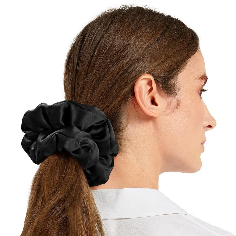 Large Mulberry Silk Scrunchies Hair Ties Ponytail Holders Oversized Black